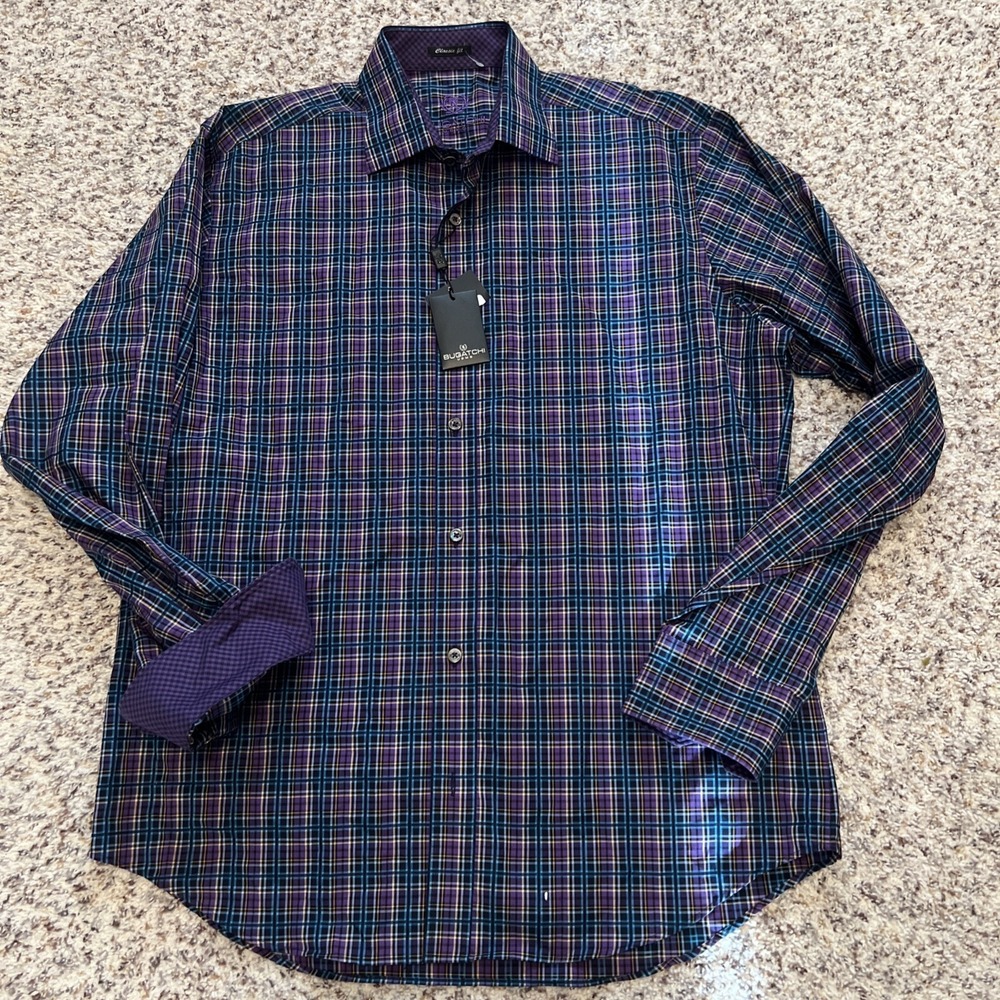 Bugatchi Uomo New Shirt Mens Medium Classic Fit Plaid Flip Cuff Long Sleeve